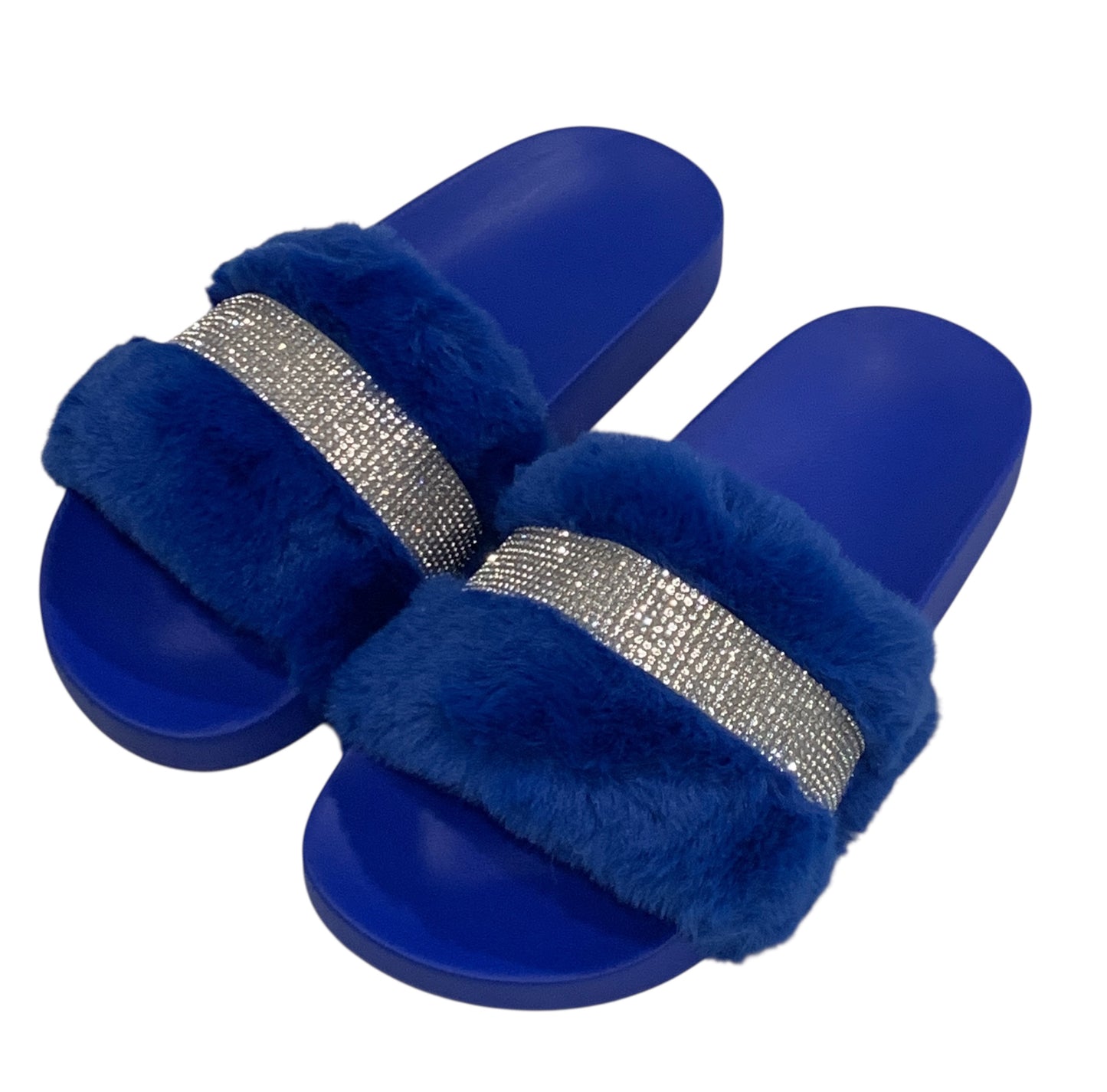Royal Blue Faux Fur Rhinestone Slides - Comfy Crystal Slip-On Slippers