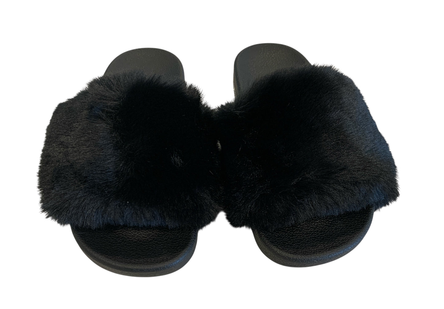 Black Faux Fur Slides with Rhinestones - Open Toe Slip-On Comfy Slippers