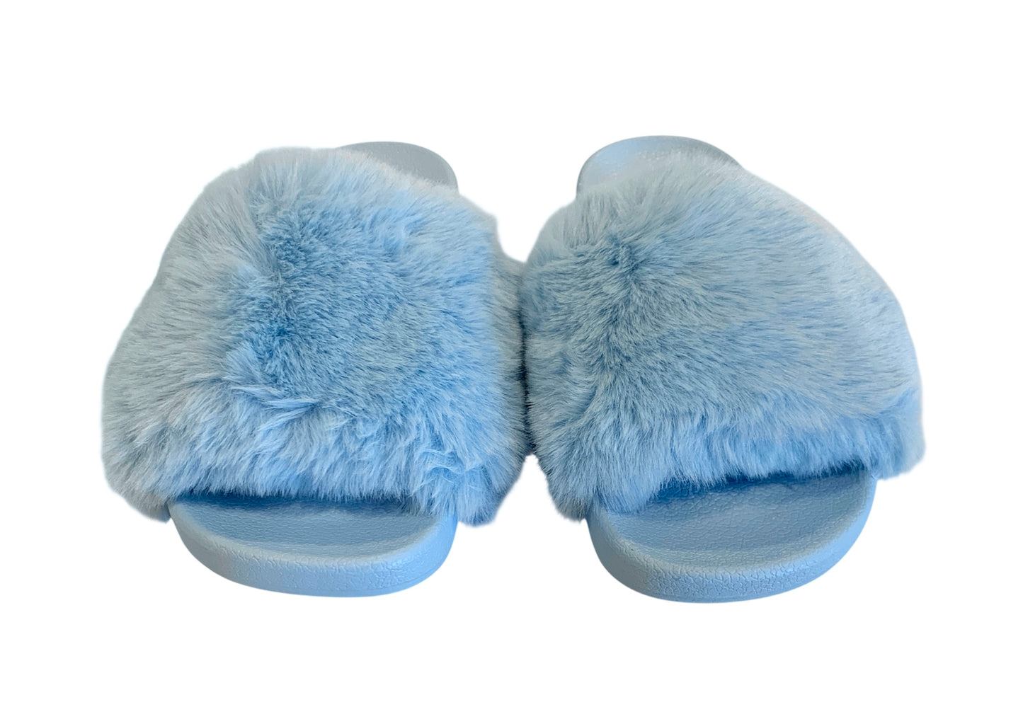 Blue Faux Fur Slides with Rhinestones - Open Toe Slip-On Comfy Slippers