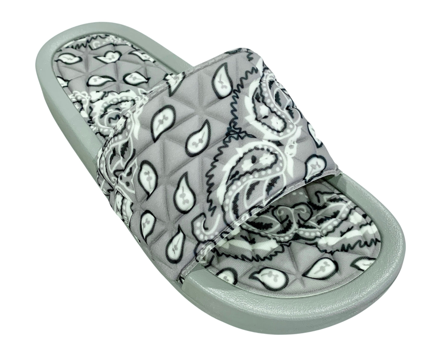 Gray Bandana Slides - Comfy Paisley Print Slip-On Sandals
