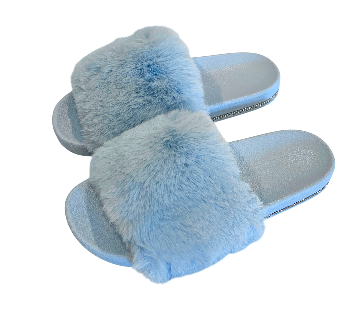 Blue Faux Fur Slides with Rhinestones - Open Toe Slip-On Comfy Slippers