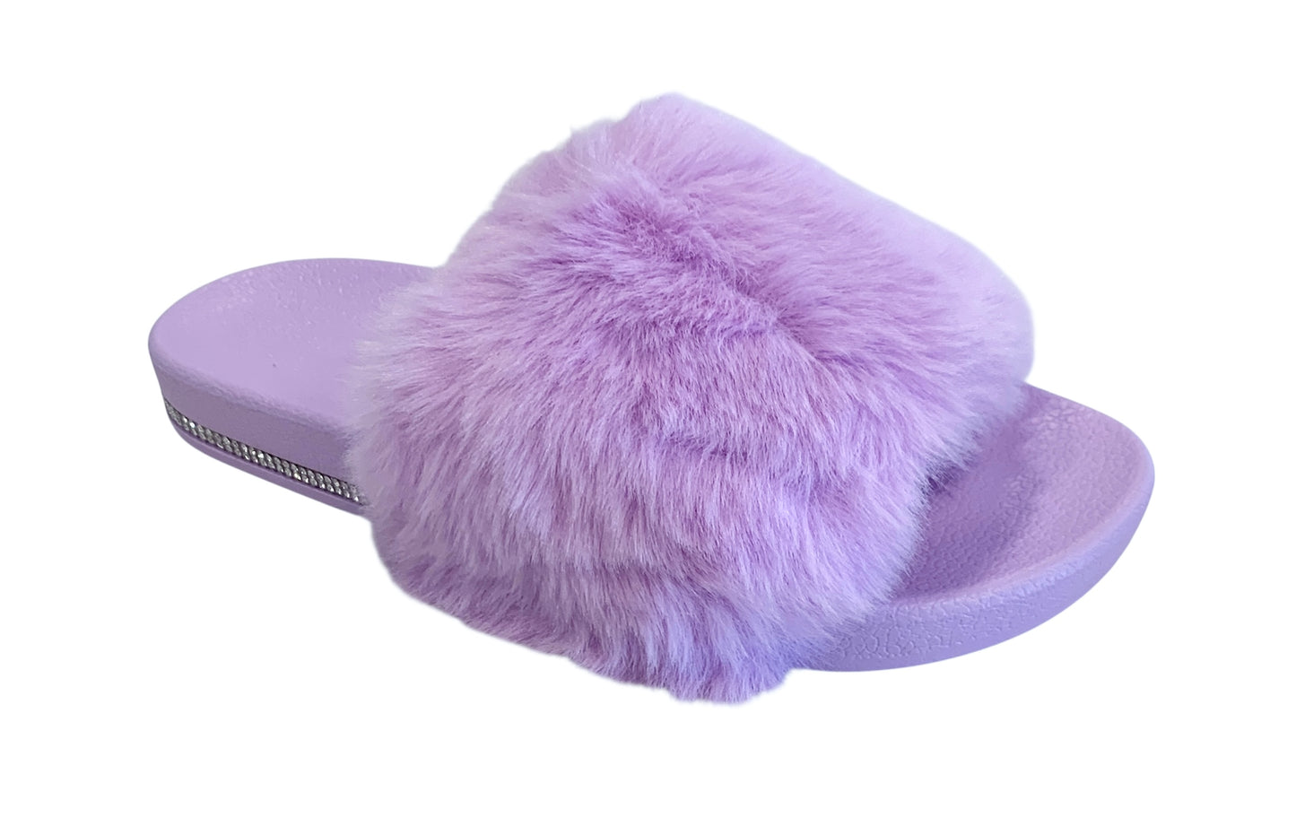Purple Faux Fur Slides with Rhinestones - Open Toe Slip-On Comfy Slippers