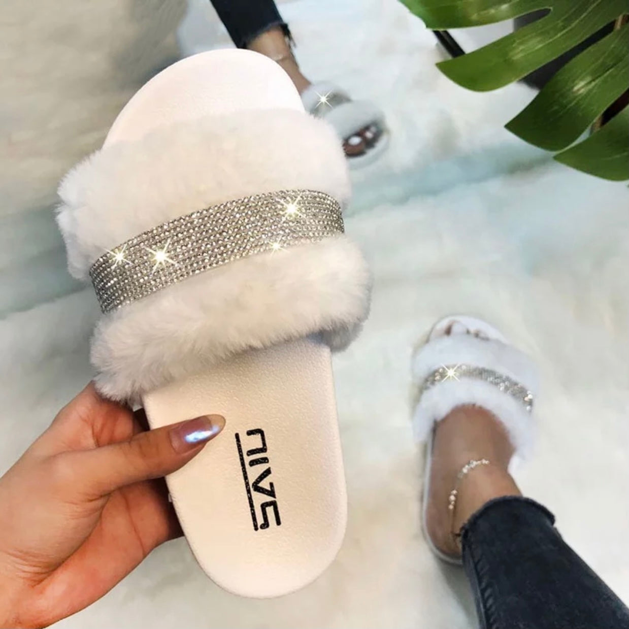 White Faux Fur Rhinestone Slides - Comfy Crystal Slip-On Slippers