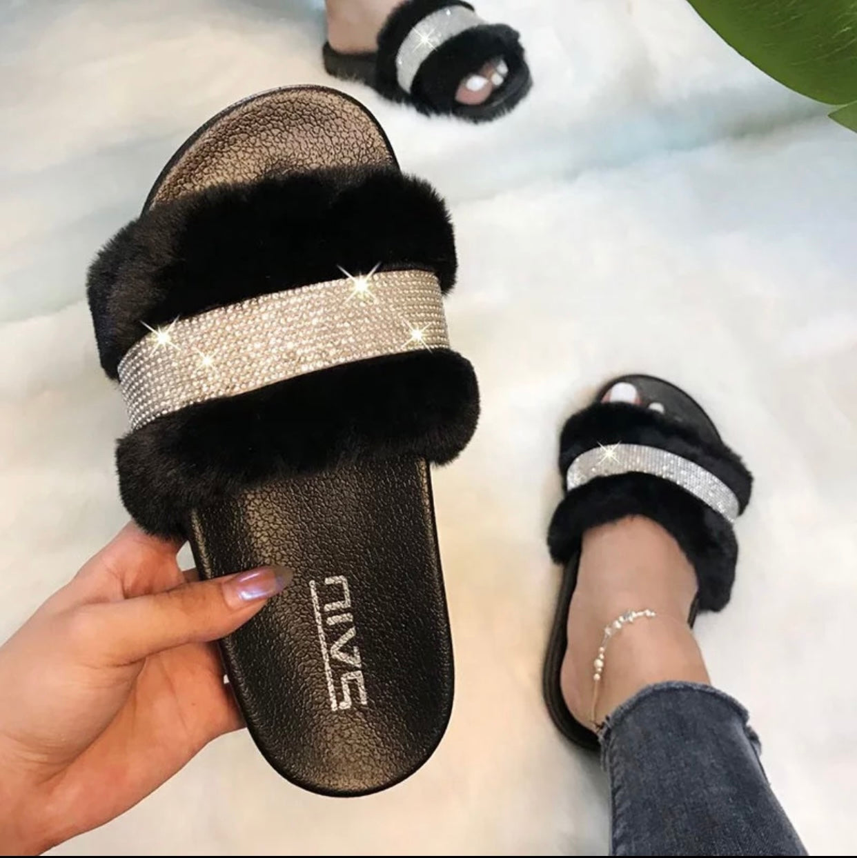 Black Faux Fur Rhinestone Slides - Comfy Crystal Slip-On Slippers