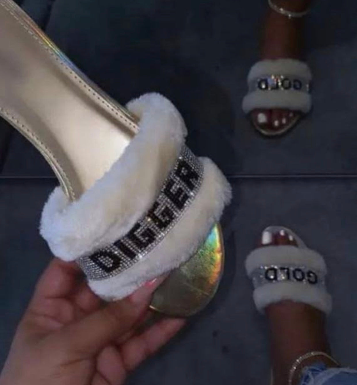Gold Digger White Faux Fur Rhinestone Slides - Comfy Slip-On Slippers