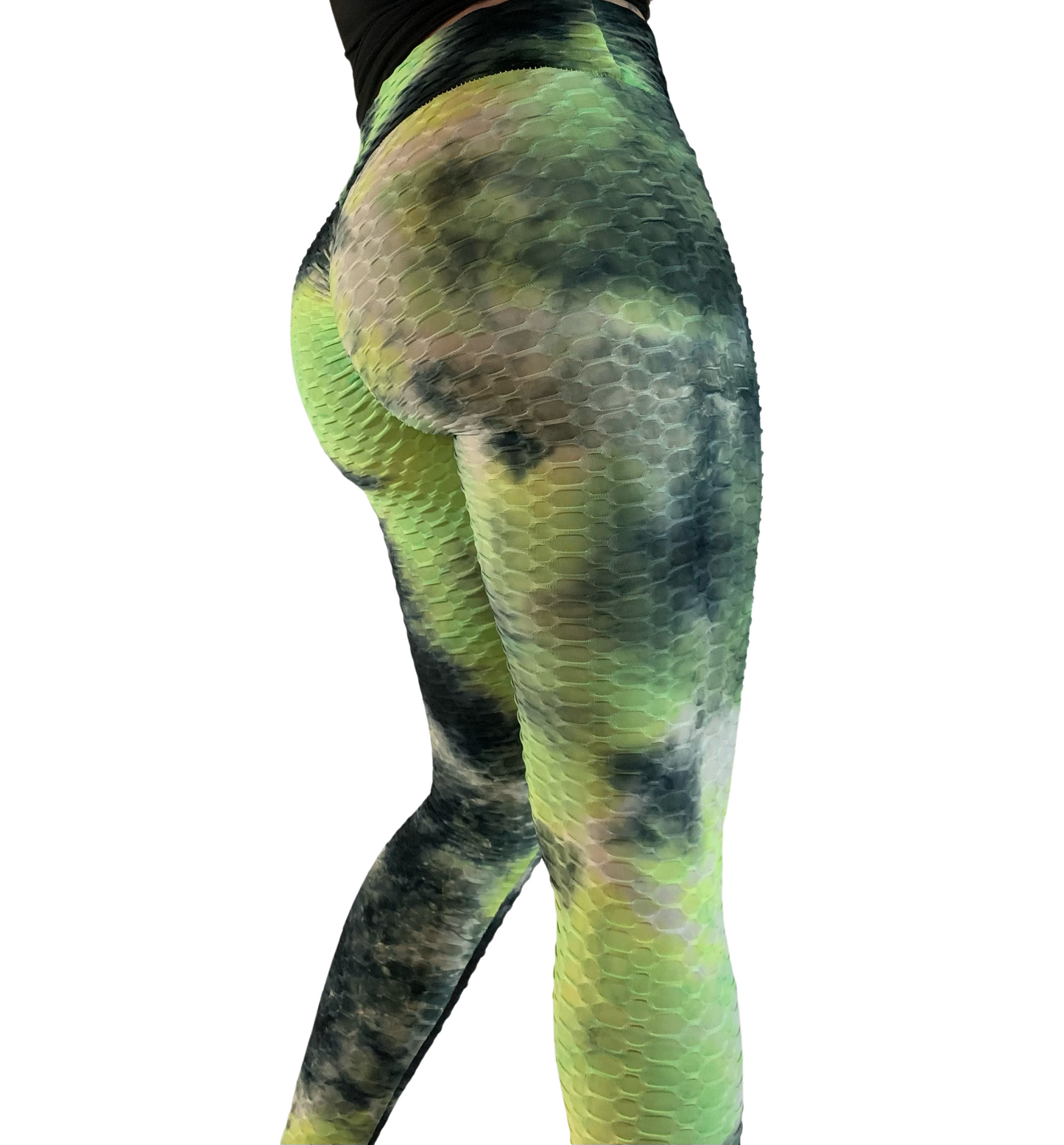 High-Waisted Honeycomb Tie-Dye Scrunch Butt Leggings - Green
