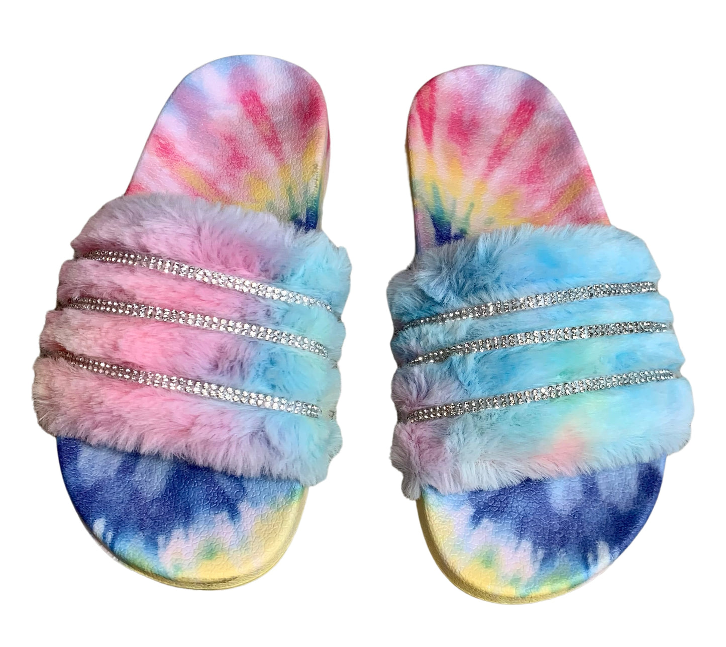 Dark Rainbow Faux Fur Slides - Rhinestone Crystal Slip-On Slippers
