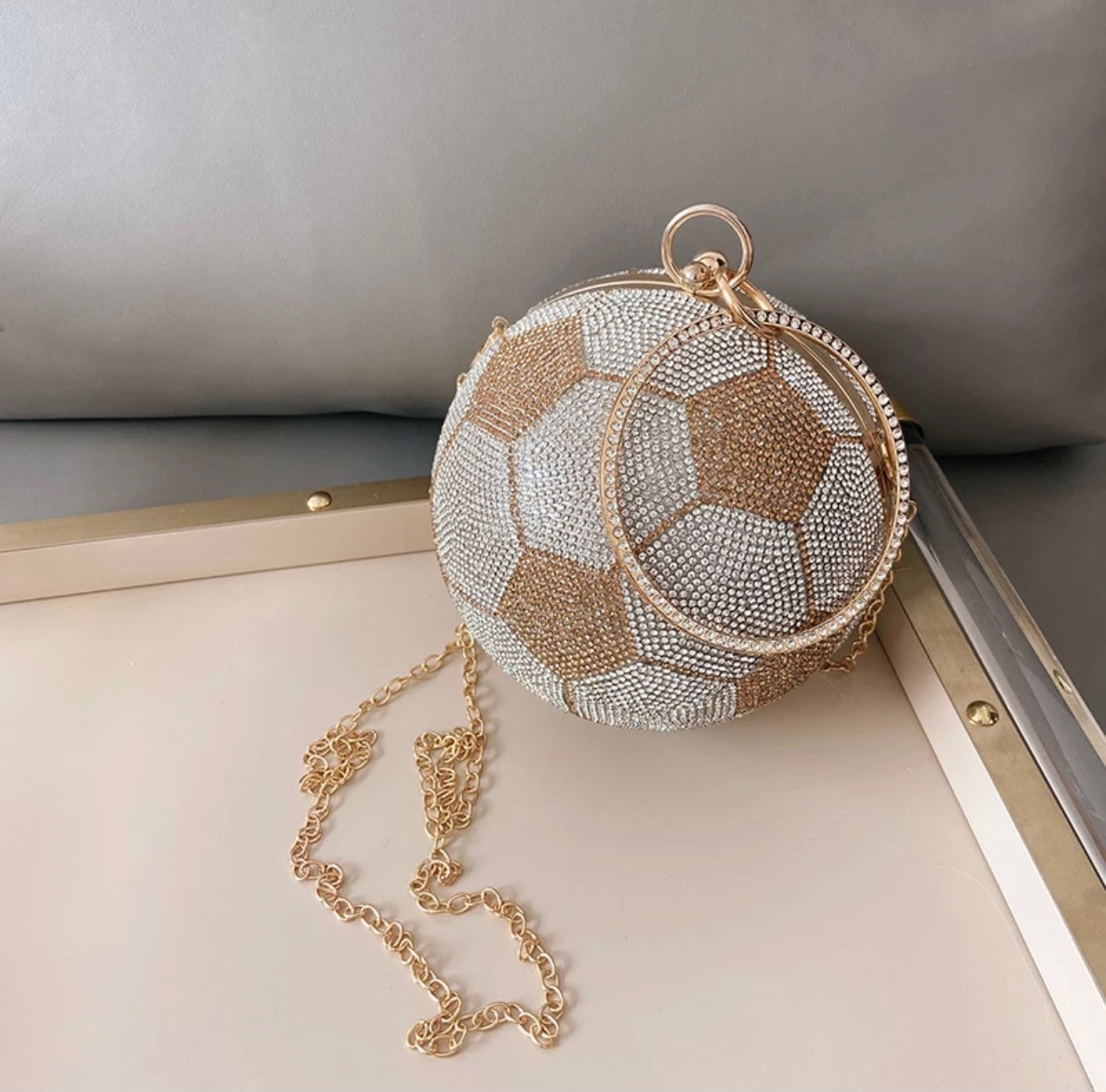 Gold Crystal Soccer Ball Clutch Purse - Handbag with Chain Strap