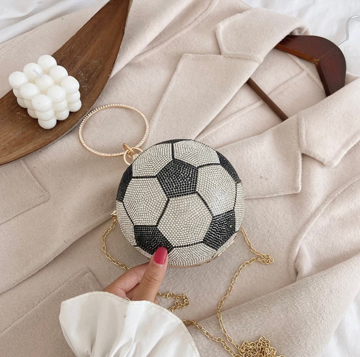 Black Crystal Soccer Ball Clutch Purse - Handbag with Chain Strap