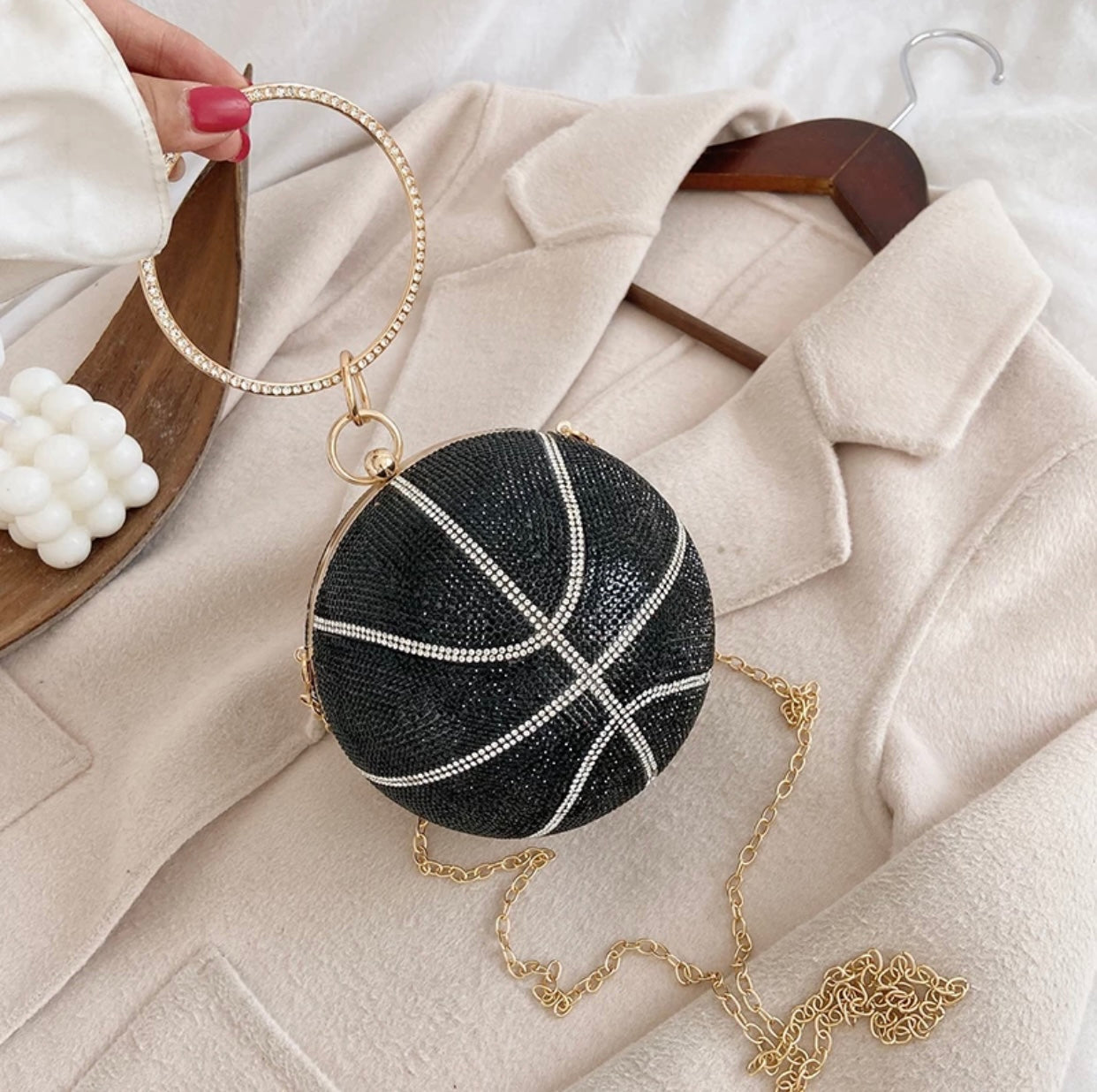 Black Crystal Basketball Clutch Purse - Handbag with Chain Strap