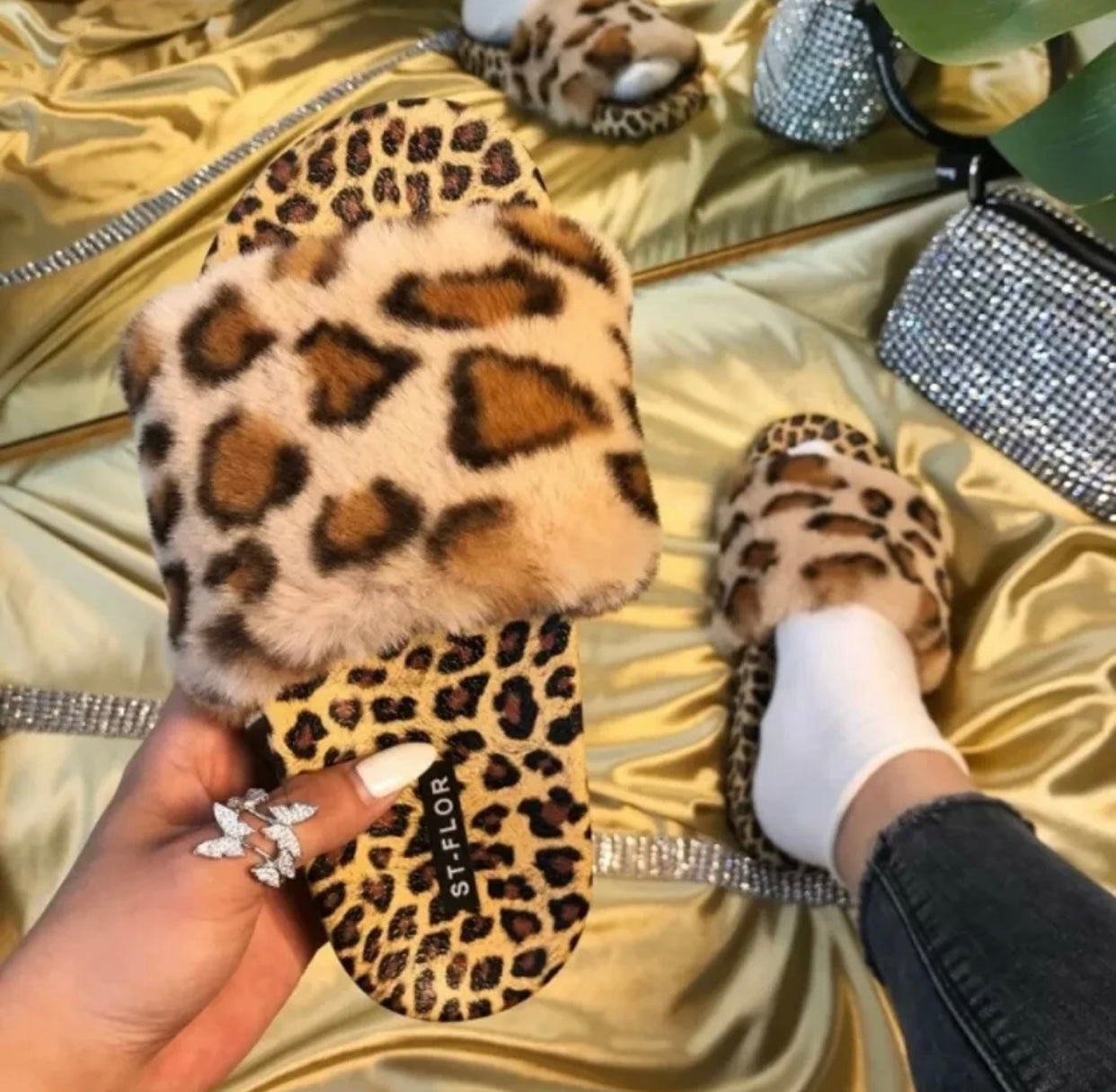 Cheetah Print Faux Fur Slides - Animal Print Slip-On Slippers