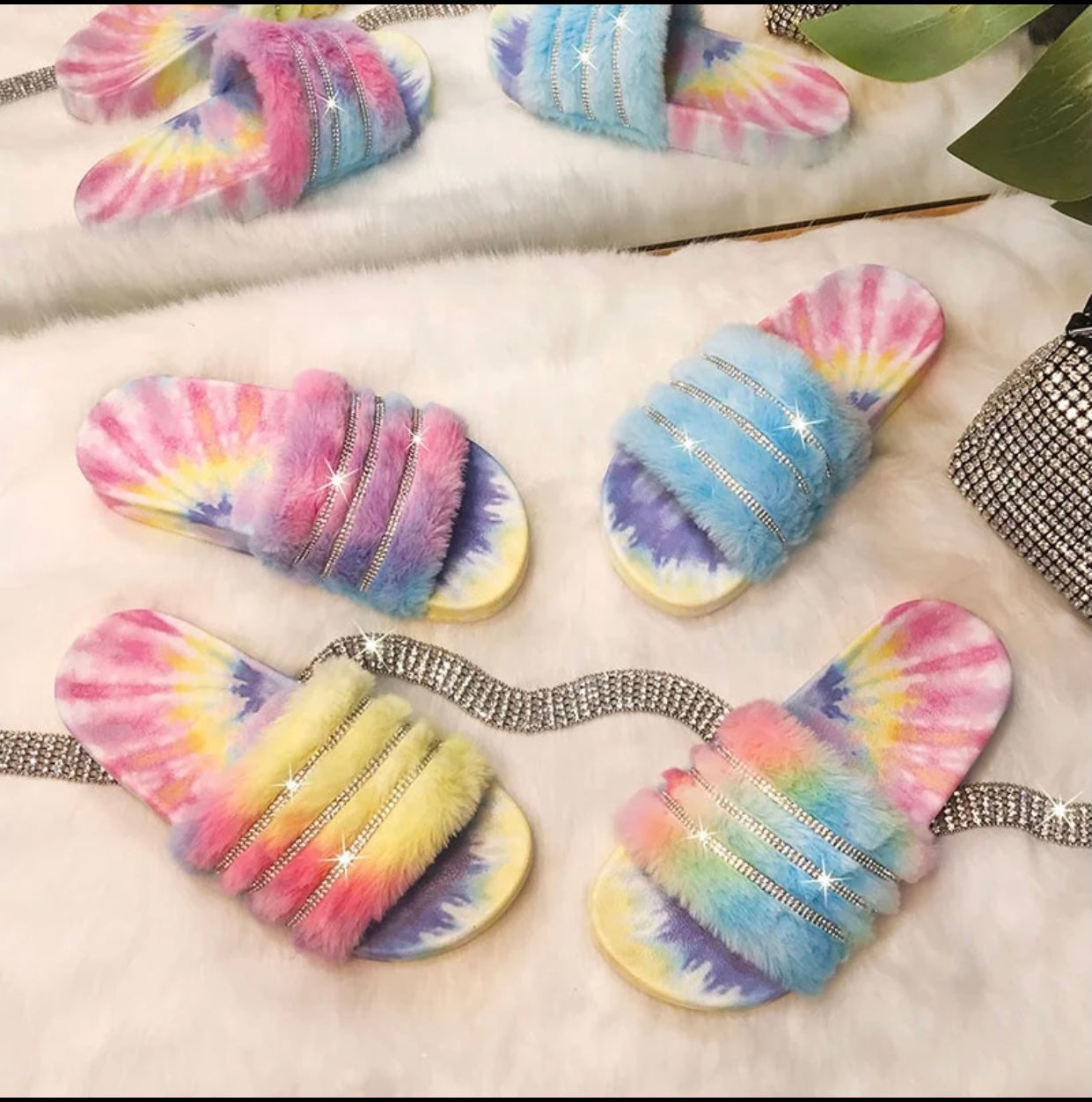 Light Rainbow Faux Fur Slides - Rhinestone Crystal Slip-On Slippers