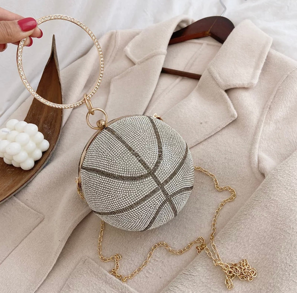 Silver Crystal Basketball Clutch Purse - Handbag with Chain Strap
