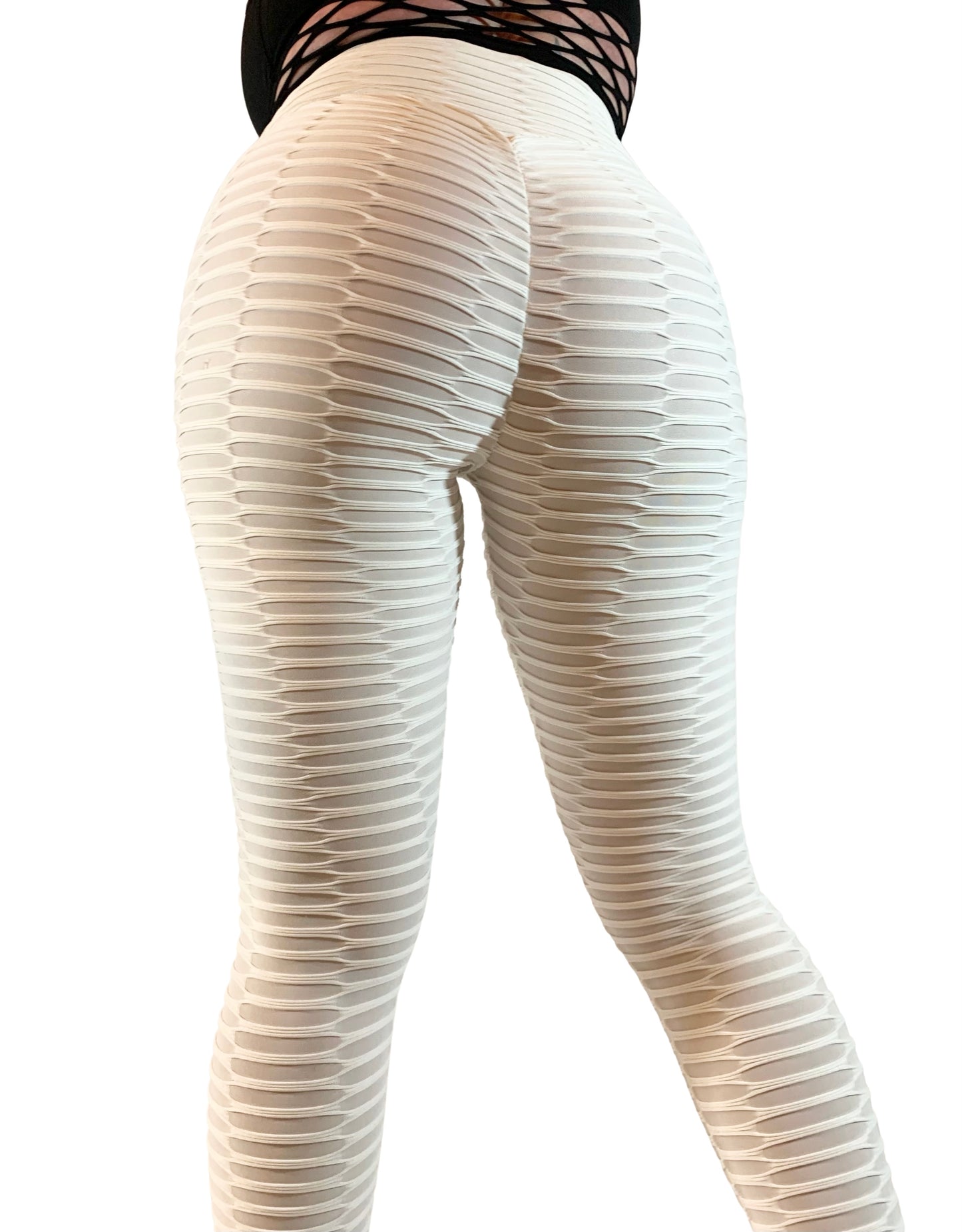 Mesh Textured White Scrunch Leggings - Yoga - Workout -Casual
