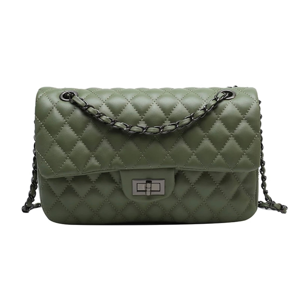 Dark Green Quilted Chain Shoulder Bag - Classic Crossbody Handbag