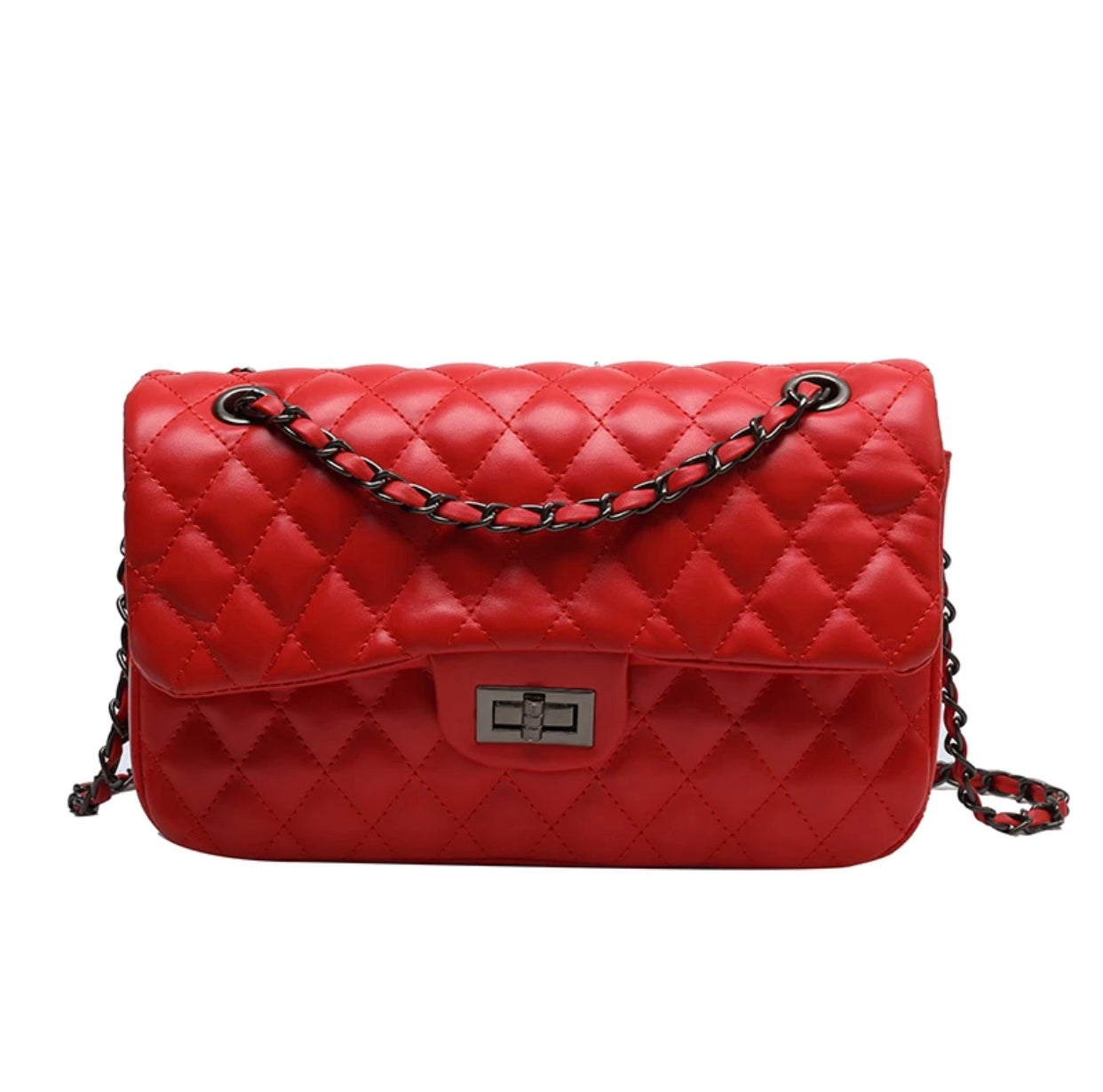 Red Quilted Chain Shoulder Bag - Classic Crossbody Handbag