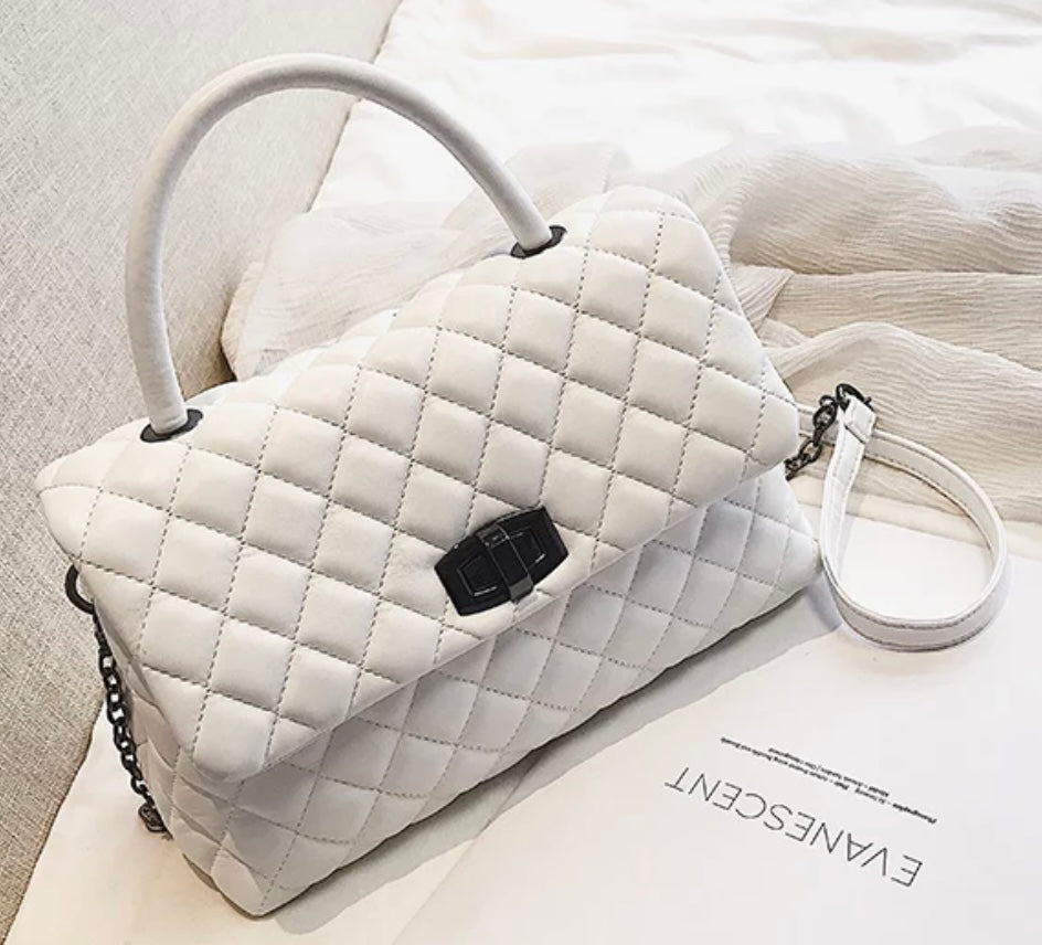 White Classic Quilted Top Handle Purse - Women's Shoulder Handbag
