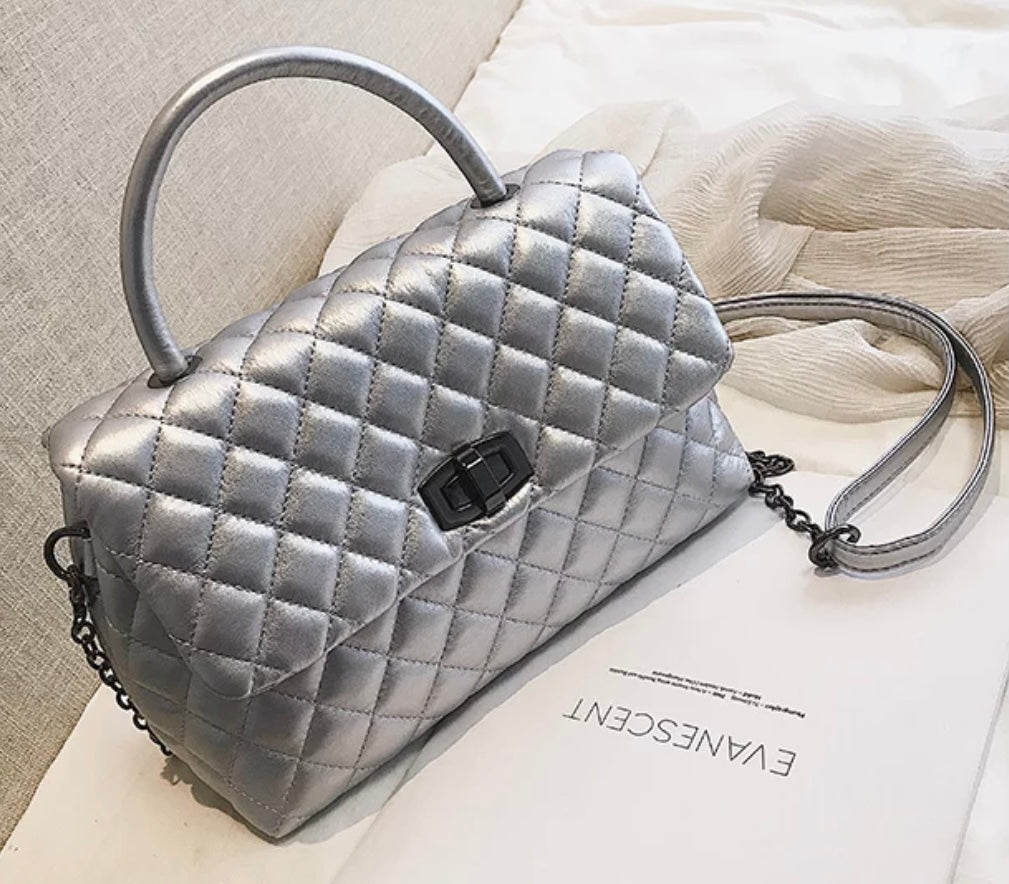 Silver Classic Quilted Top Handle Purse - Women's Shoulder Handbag