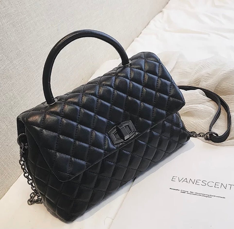 Black Classic Quilted Top Handle Purse - Women's Shoulder Handbag