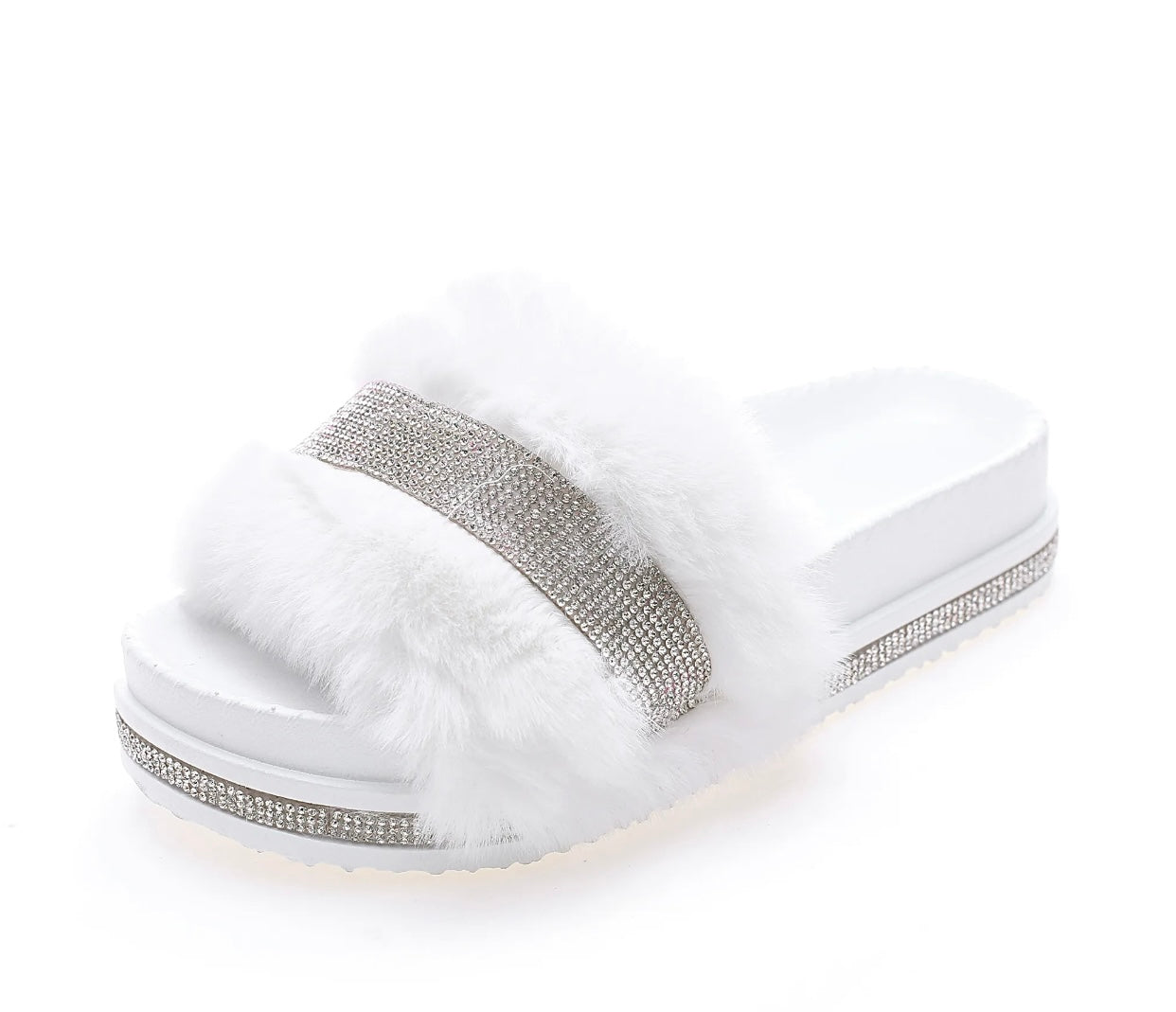 White Faux Fur Crystal Wedge Slides - Rhinestone Open Toe Slip-On Slippers