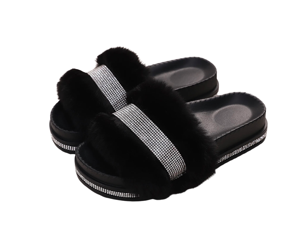 Black Faux Fur Crystal Wedge Slides - Rhinestone Open Toe Slip-On Slippers