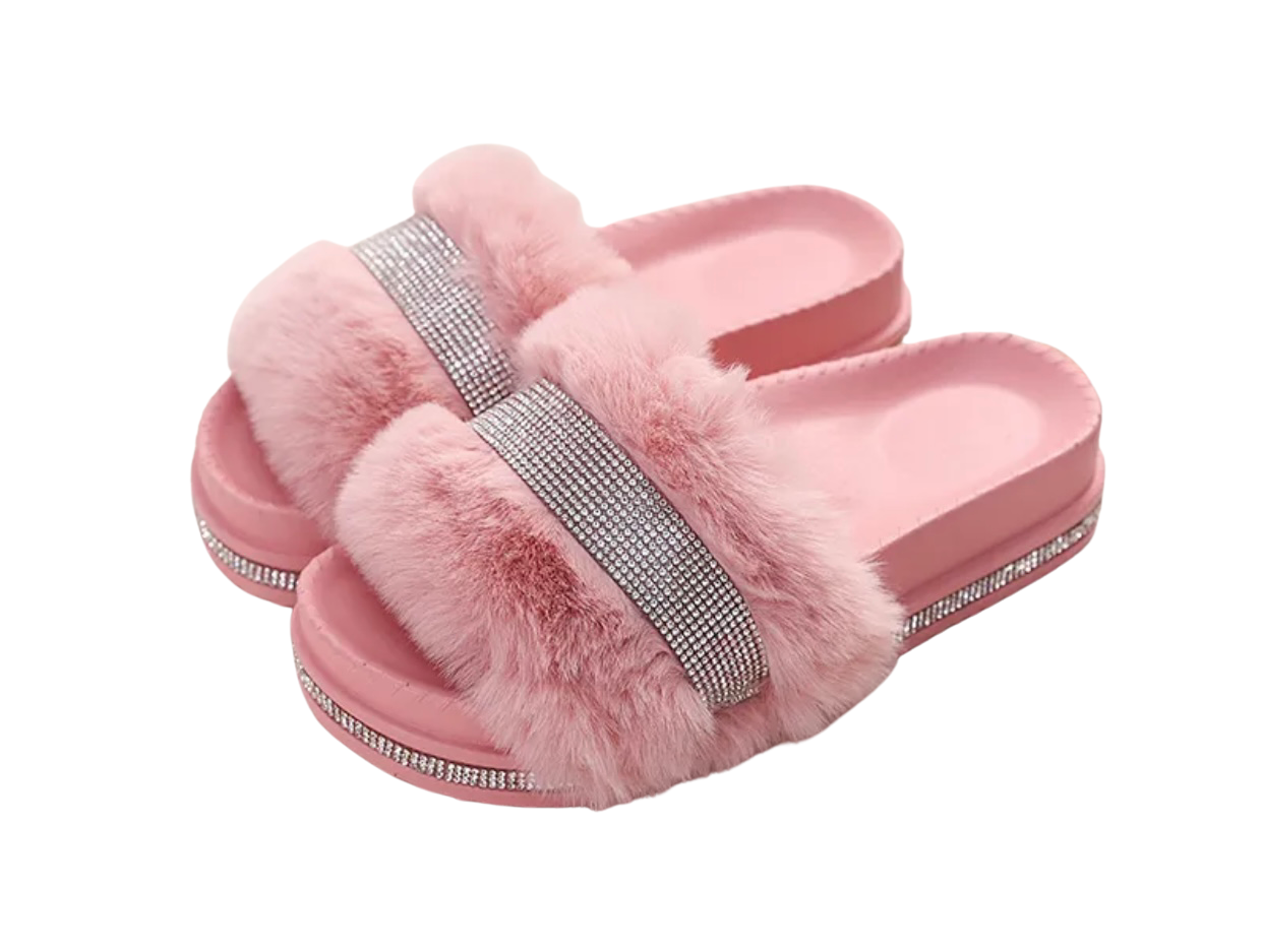 Pink Faux Fur Crystal Wedge Slides - Rhinestone Open Toe Slip-On Slippers