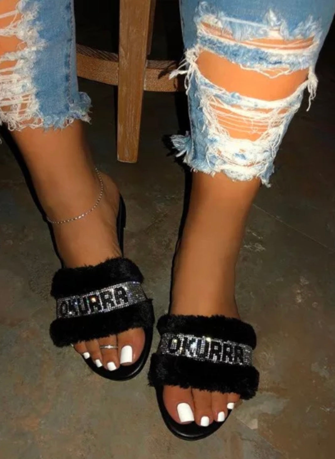 Okurr Black Faux Fur Rhinestone Slides - Comfy Slip-On Slippers