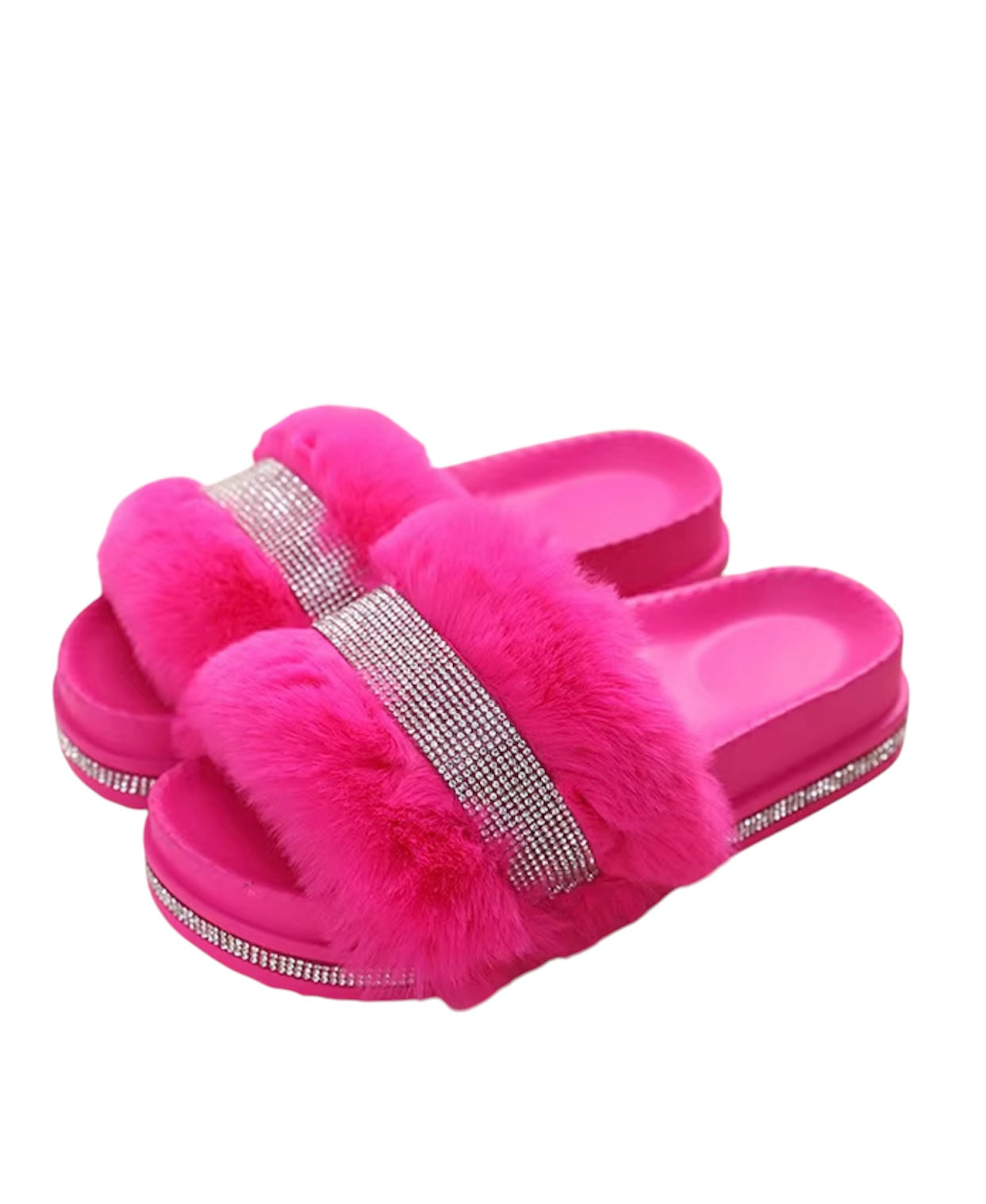 Rose Faux Fur Crystal Wedge Slides - Rhinestone Open Toe Slip-On Slippers