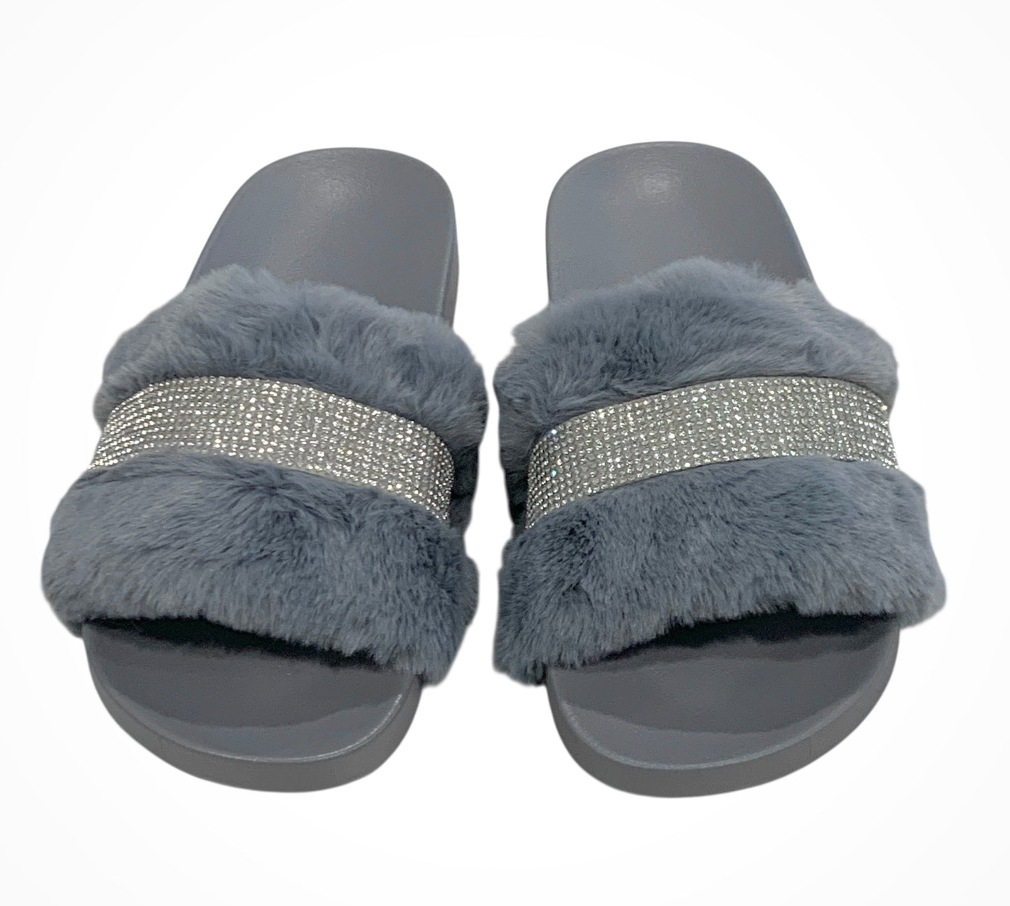 Gray Faux Fur Rhinestone Slides - Comfy Crystal Slip-On Slippers