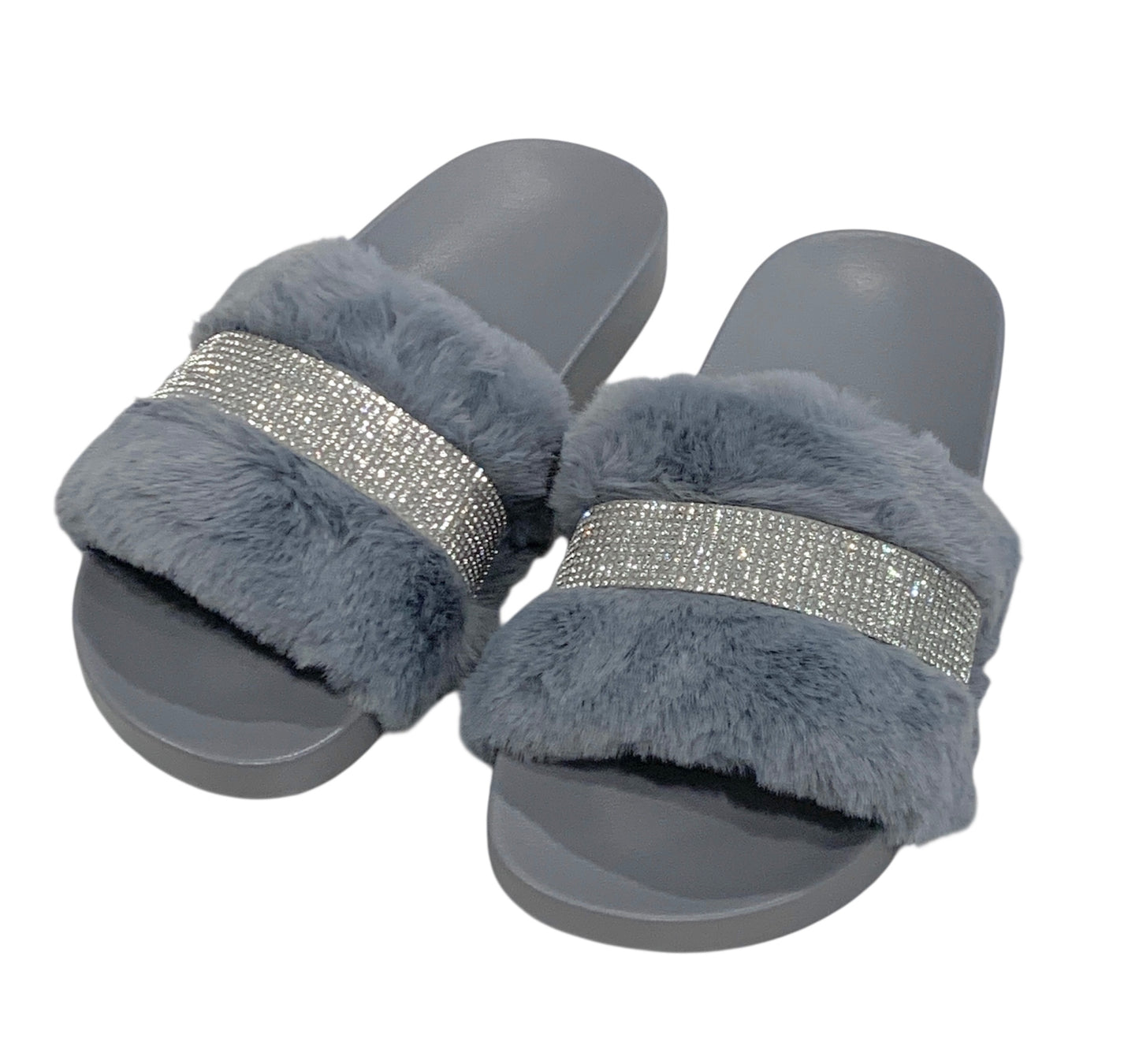 Gray Faux Fur Rhinestone Slides - Comfy Crystal Slip-On Slippers