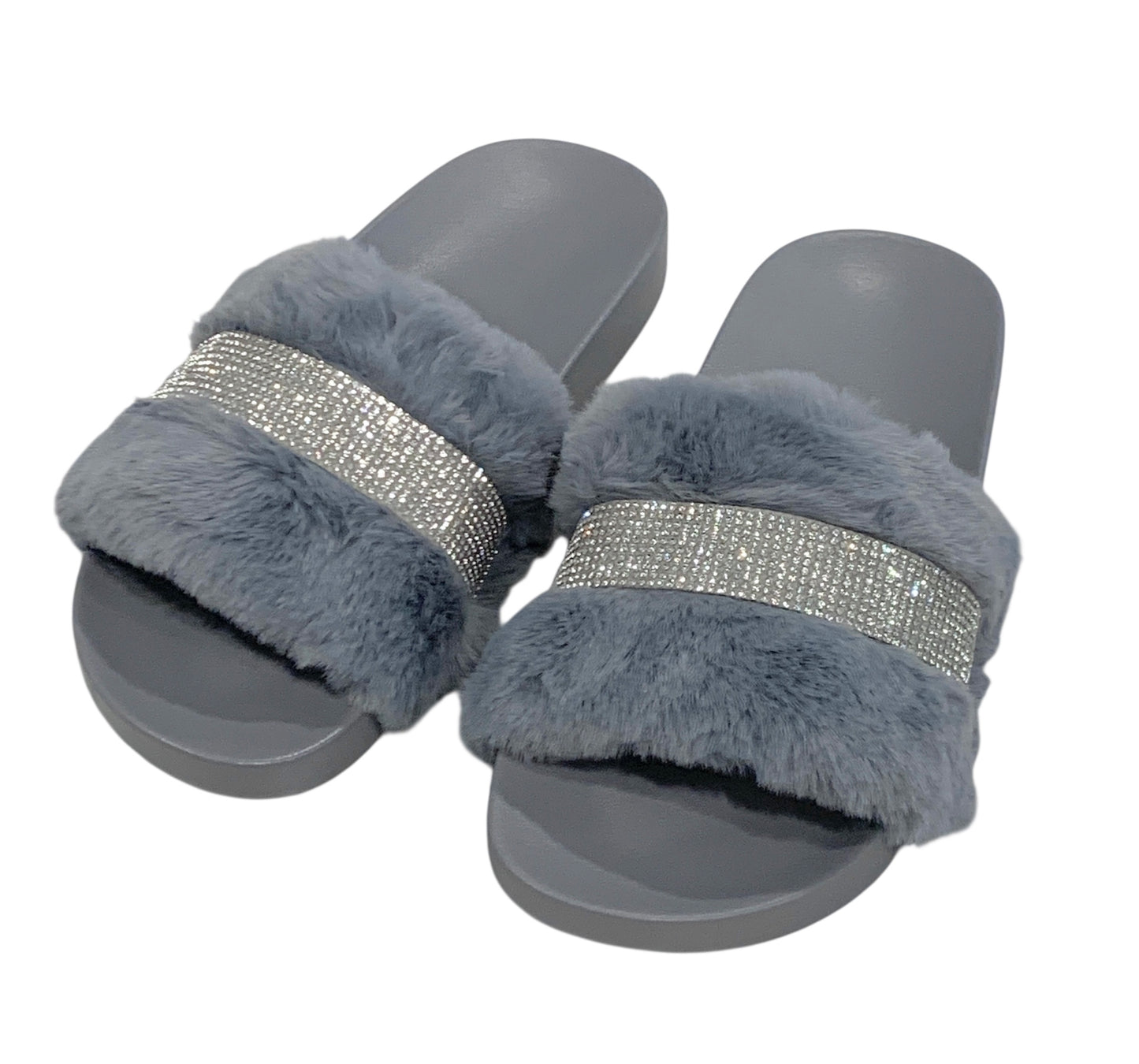 Gray Faux Fur Rhinestone Slides - Comfy Crystal Slip-On Slippers