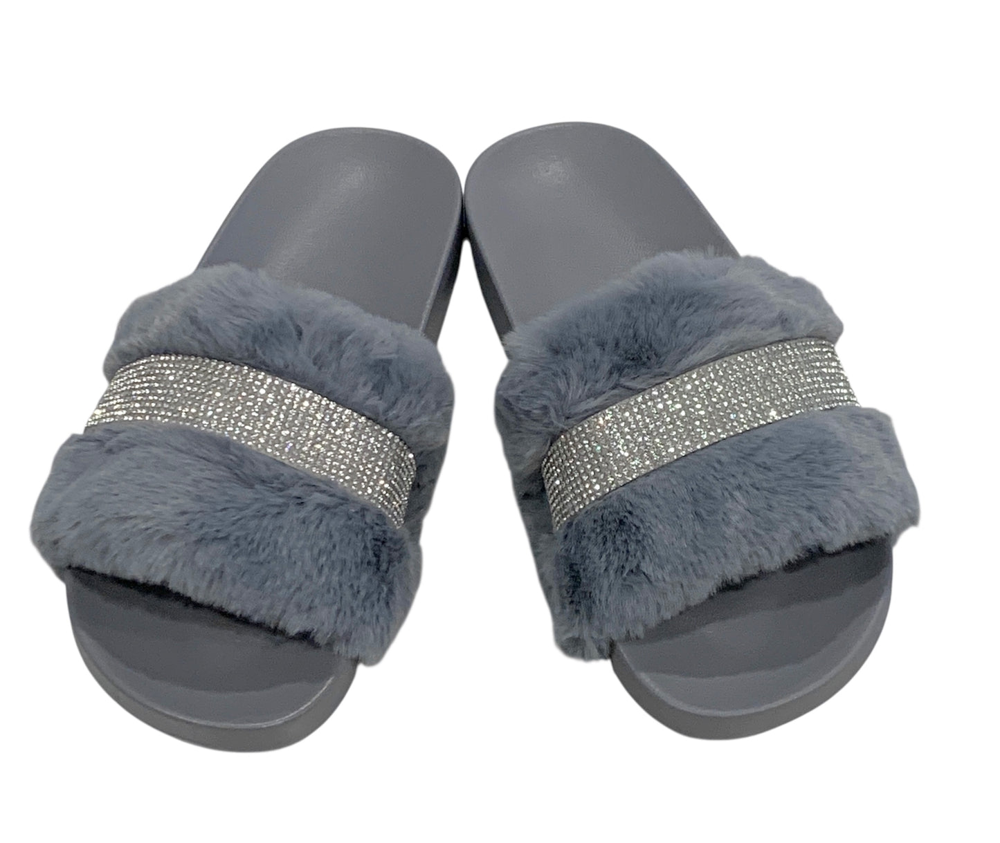 Gray Faux Fur Rhinestone Slides - Comfy Crystal Slip-On Slippers