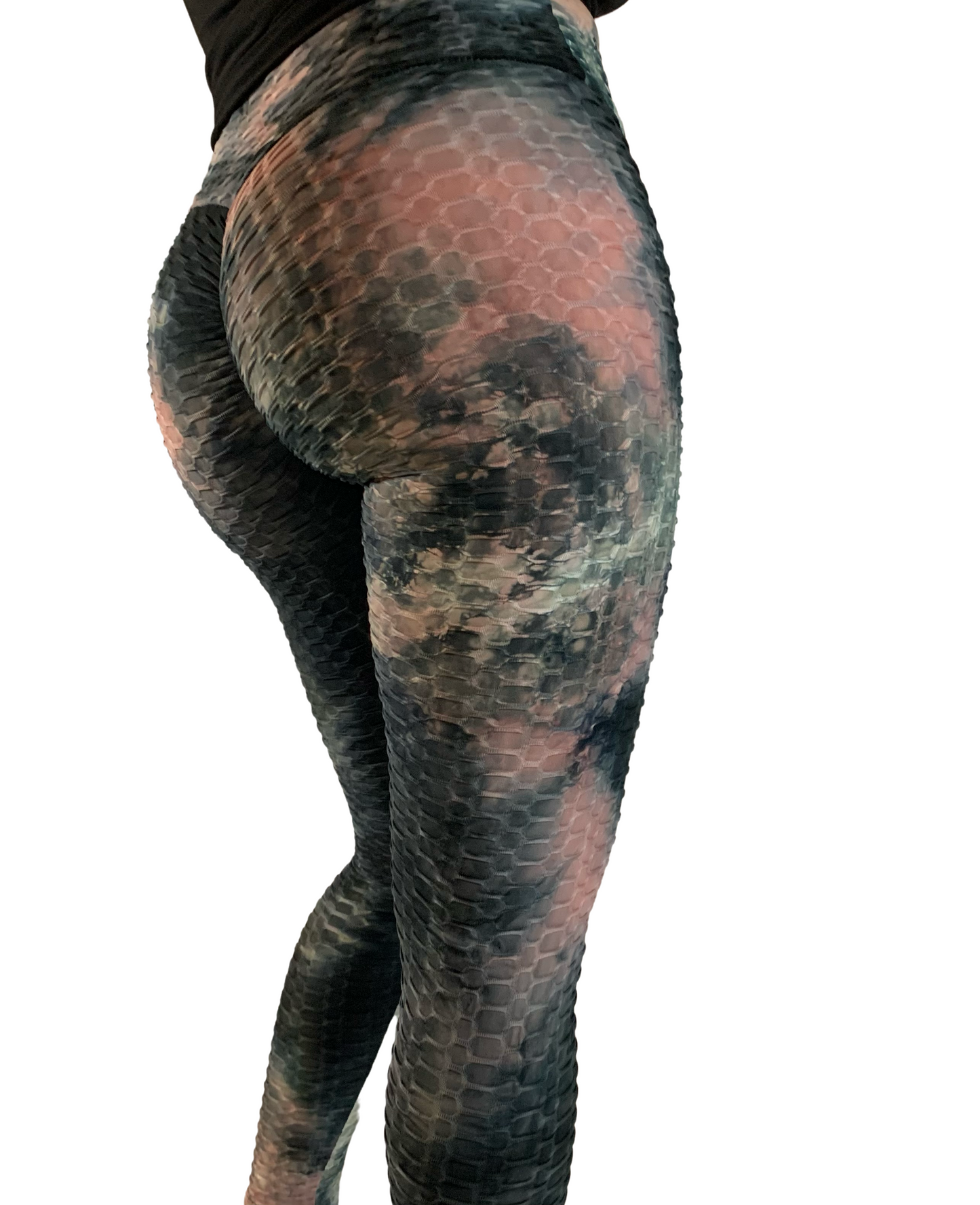 High-Waisted Honeycomb Tie-Dye Scrunch Butt Leggings - Pink/Black