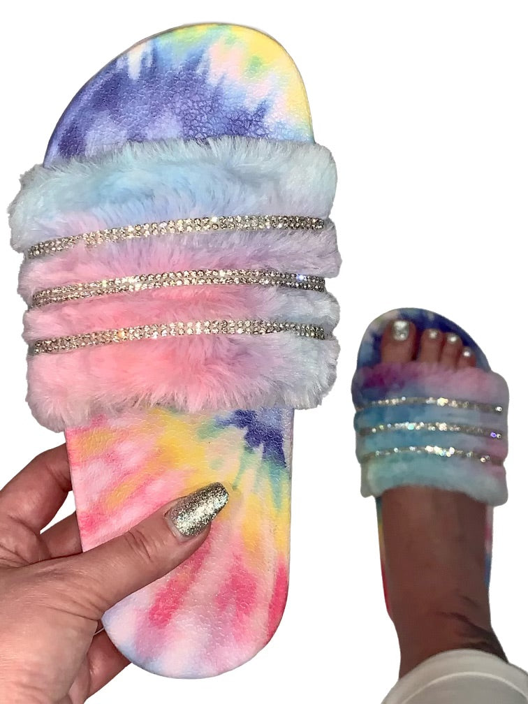 Dark Rainbow Faux Fur Slides - Rhinestone Crystal Slip-On Slippers