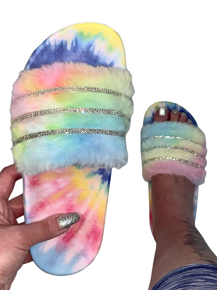 Light Rainbow Faux Fur Slides - Rhinestone Crystal Slip-On Slippers