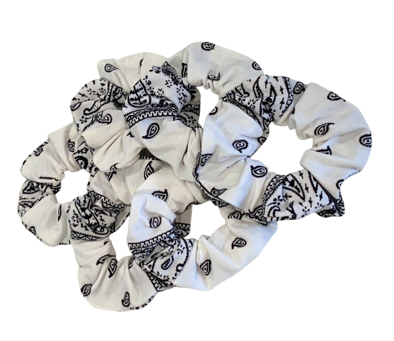 White Bandana Scrunchies - Cotton - Paisley Hair Ties - 6 Pack