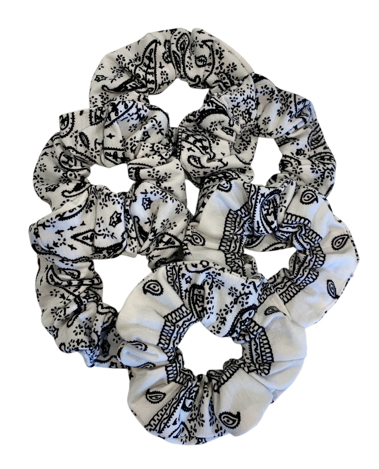White Bandana Scrunchies - Cotton - Paisley Hair Ties - 6 Pack