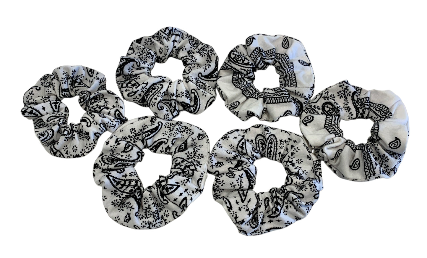 White Bandana Scrunchies - Cotton - Paisley Hair Ties - 6 Pack