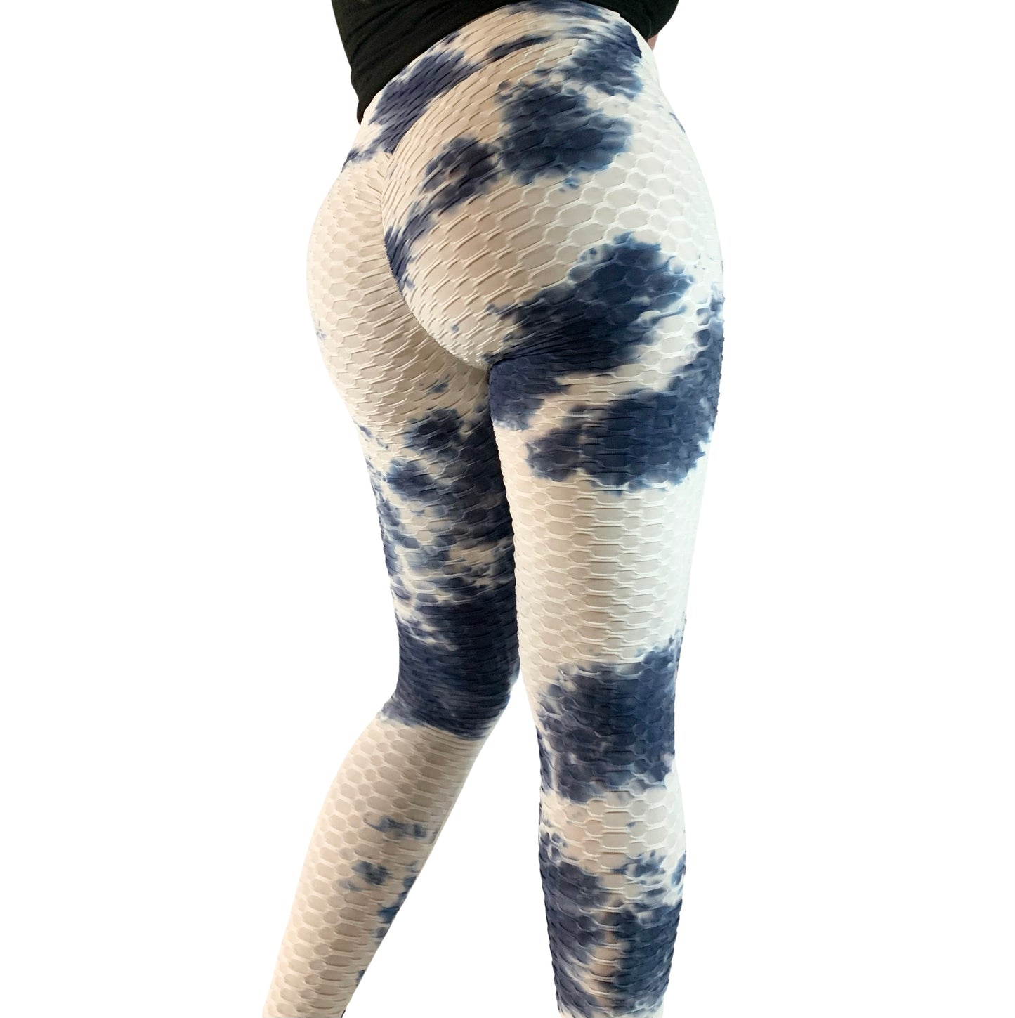 High-Waisted Honeycomb Tie-Dye Scrunch Butt Leggings - Blue/White