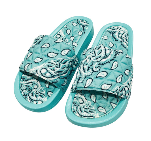 Turquoise Bandana Slides - Comfy Paisley Print Slip-On Sandals
