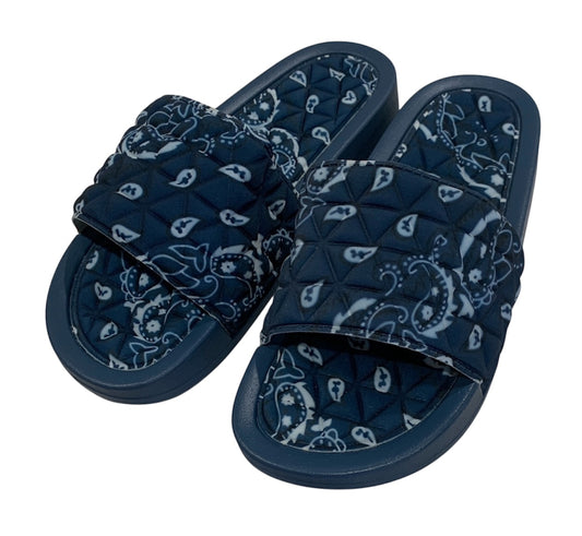 Navy Blue Bandana Slides - Comfy Paisley Print Slip-On Sandals