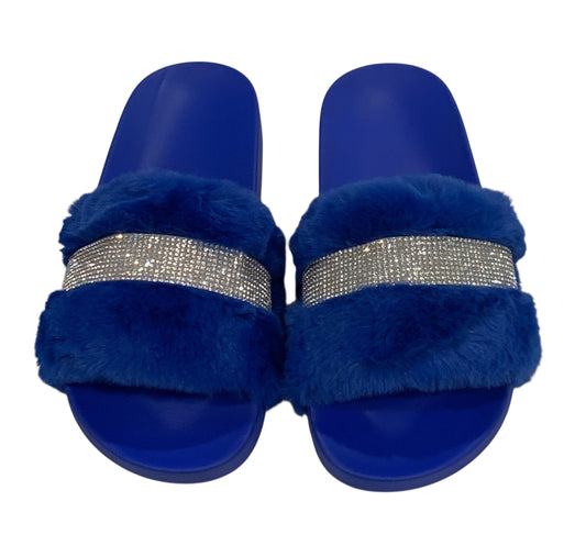 Royal Blue Faux Fur Rhinestone Slides - Comfy Crystal Slip-On Slippers