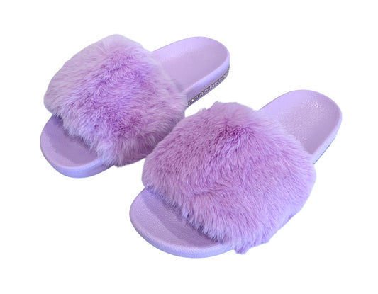 Purple Faux Fur Slides with Rhinestones - Open Toe Slip-On Comfy Slippers