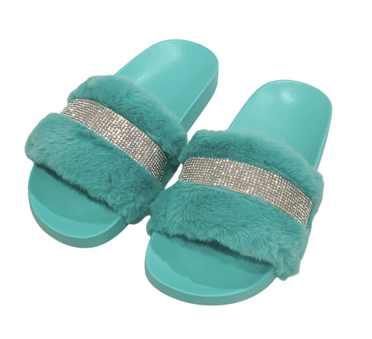 Turquoise Faux Fur Rhinestone Slides - Comfy Crystal Slip-On Slippers