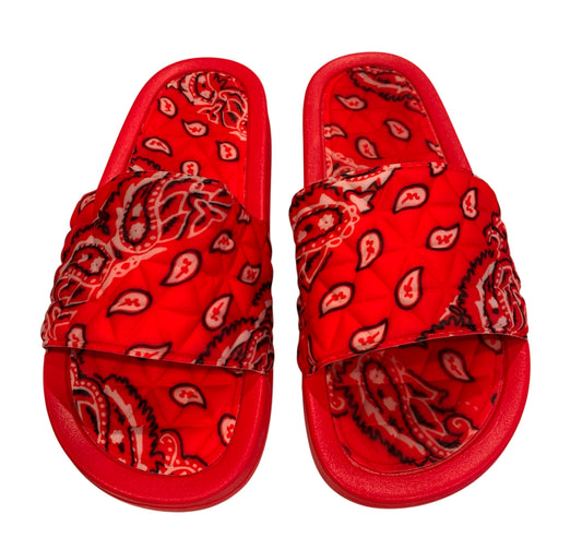 Red Bandana Slides - Comfy Paisley Print Slip-On Sandals