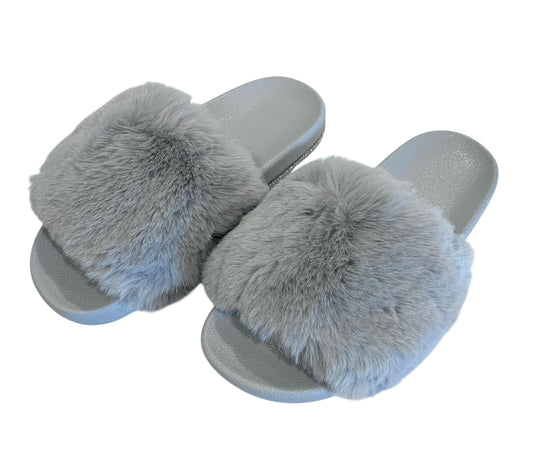 Gray Faux Fur Slides with Rhinestones - Open Toe Slip-On Comfy Slippers