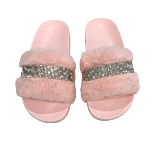 Pink Faux Fur Rhinestone Slides - Comfy Crystal Slip-On Slippers