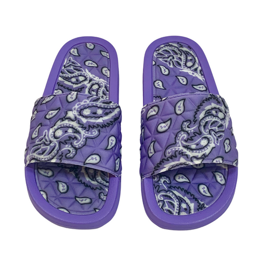 Purple Bandana Slides - Comfy Paisley Print Slip-On Sandals