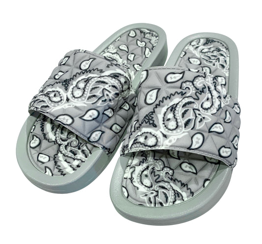 Gray Bandana Slides - Comfy Paisley Print Slip-On Sandals