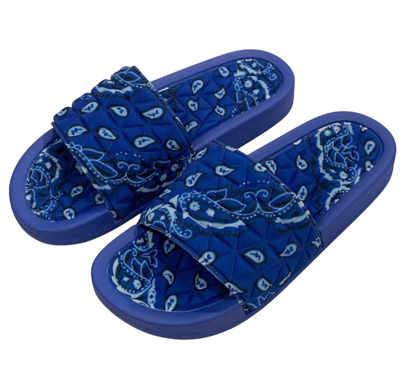 Royal Blue Bandana Slides - Comfy Paisley Print Slip-On Sandals